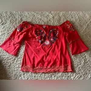 New! Brightly embroidered Mexican off shoulder top